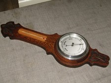 Vintage 22" Solid Oak Hand Carved Banjo Barometer thermometer Weather Station