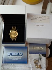 Mens Seiko 5 Automatic Sports Watch 7S26-02W0 Day Date Gold Box & Papers