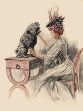 POODLE LOVELY DOG GREETINGS NOTE CARD BEAUTIFUL LADY WITH BIG HAT & DOG ON TABLE