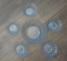 Vintage 1930s Art Deco Bagley 6pce Blue Glass Dessert Fruit Bowls Set VGC