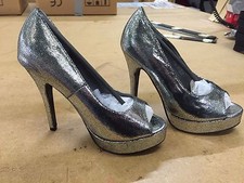 14 PAIRS OF OPEN TOE HIGH HEELED SILVER SHOES, DRAG QUEEN, PARTY, PROM, SHOW, 