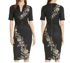 TED BAKER Dollila Pirouette Midi Bodycon Floral Black Womens Dress Size 4  UK 14
