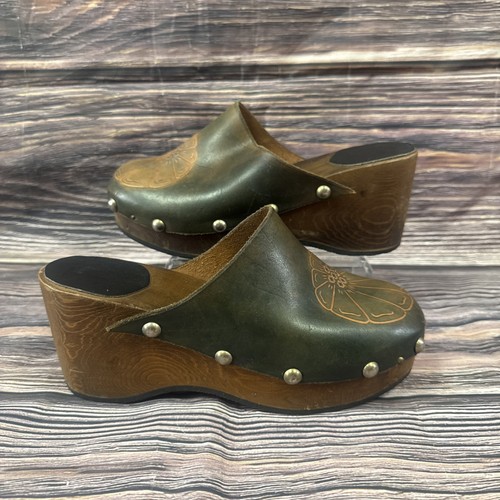 Green wooden patterned clogs - &,