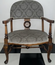 Antique Slipper / Nursing  Chair in Grey Dupion Velvet wheel back cabriole legs 