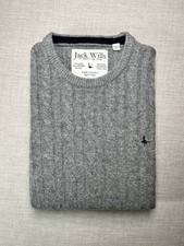 Jack Wills 100% Merino Wool Jumper Cable Knit Grey Sweater Men’s S [390]