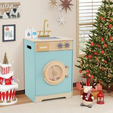 Wooden Kids Washing Machine Play Set with Sink Rotating Drum Pretend Laundry Toy