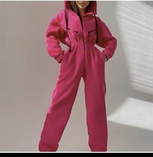 Women's Hooded One-Piece Sports Suit, Leisure Pants, New XL 40” Rose Red