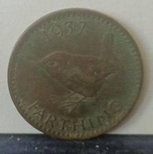 1937 UK George VI Farthing Eurasian Wren Coin in Bronze