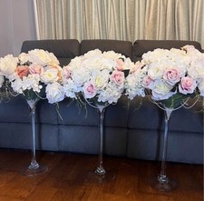 Dusty Pink And White Rose Wedding Centrepieces In Large Glass Martini Glasses