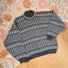 Vintage Canda C&A Knitted Grey Geometric Oversized Jumper Mock Neck Grunge Indie