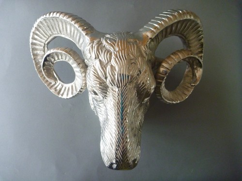 Silver ram head wall - silver, sculpture