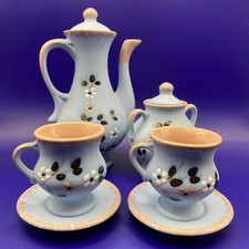 Vintage Russian Ceramic Girls Tea Set Doll House Blue Navy Floral Hand Painted
