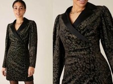 Monsoon Black Nieve Nailhead Leopard Velvet Tuxedo Wrap Jacket Blazer Dress New