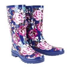 Ladies Navy Blue Flowery Patterned Wellington Boots Wellies