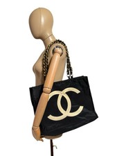 Vtg Chanel Black Chain Strap CC Logo Tote Bag Bag