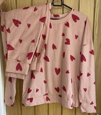 Ladies Marks & Spencer Pink Heard Print Home 2 Piece Suit Pyjamas Set Size UK L