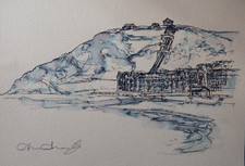 Original Ink Wash Drawing of Aberystwyth Cardigan Bay Constitution Hill