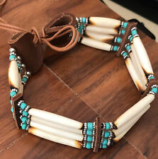 Buffalo Bone 4 Row Tribal Native American Choker Necklace Beaded Turquoise Stone