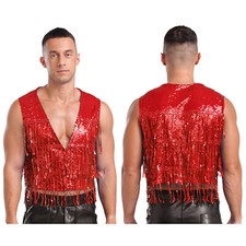 UK Men Glitter Sequin V Neck Waistcoat Sleeveless Tassel Fringe Vest Nightclub