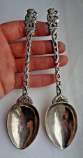 PAIR EASTERN BURMESE SIAM LARGE SOLID SILVER SERVING SPOONS SERPENT, FISH & IDOL