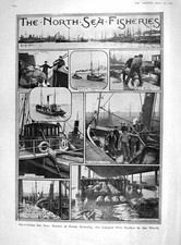 Original Old Antique Print 1907 Sea Fishing Boats Grimsby Fish Market Trawl 20th