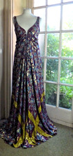 Vintage NICOLE MILLER Signature Silk Purple/Gold Lurex Gown with Train~(6) UK 12