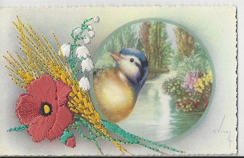 Spanish silk embroidered bird - embroidered,