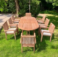 Teak Garden Furniture Set 180cm - 240cm Dining table & 8 Chairs with Cushions!