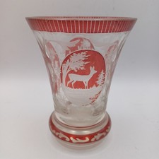 Bohemian Czech Glass Etched Red Deer Bird Rabbit Vase