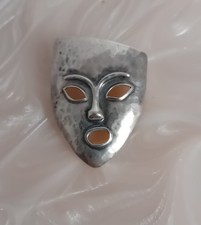 Silver Face Mask Brooch Pendant  Hammered