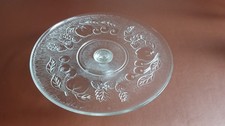 Large etched vintage glass cake stand 12" diameter/ 3" pedestal.
