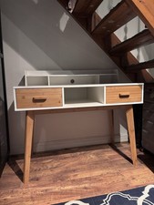 White And Bamboo Colour Writing Computer Desk With Drawers Excellent Condition