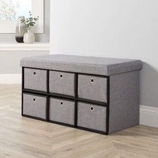 Folding Ottoman 6 Drawer Storage Chest Solid Sturdy Space Saving Grey Fabric