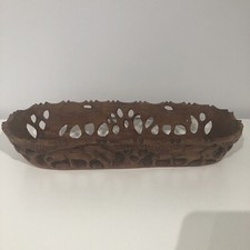 Hand Carved African Wooden Bread Display Bowl Basket Wild Animals 40cm Long