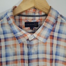 Mens LINCOLN Shirt Orange Blue Plaid Large Short Sleeved Cotton Casual Travel