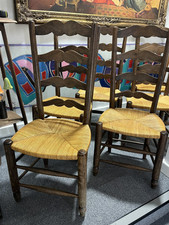 Antique Set of 6 (Six) Solid Oak French Ladder Back Dining Table Chairs