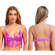 Women's Shiny Sequin Fringe Bralette Fringe Wireless Bra Top Tassel Belly Dance