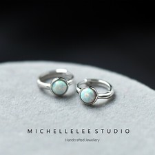 Minimalist White Opal Huggie Hoop Earrings in Sterling Silver