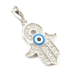 925 Sterling Silver Hamsa Hand Pendant Evil Eye White Zirconia 18.1mm High 1.5g