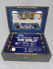 Ebonised Sewing Box with Brass Inlay Central Motif Full Contents