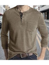 Mens Casual Long Sleeve T-shirt Henley Grandad Lapel Neck Button Solid Tee Shirt