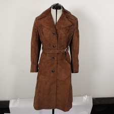 Vintage Womens Brown Suede Trench Coat Belted Long Soft Leather 70s Style Lined