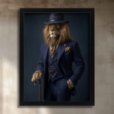 Lion in Suit Wall Art Print Anthropomorphic Animal Portrait Regal Lion Gentleman