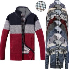 Mens Thermal Insulated Fleece Lined Knitted Zip Up Cardigan Jumper - Many Style