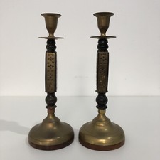 Vintage Gothic Church Brass Wood Candlestick Holders Pair