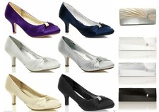 WOMENS LADIES MID HEEL DIAMANTE WEDDING BRIDAL PROM EVENING COURT SHOES BAGS