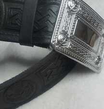 Black Leather Scottish Kilt Belt |  Highland Wear Chrome Buckle  Celtic leaves