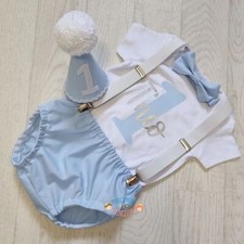 Blue and white personalised baby boys 1st birthday cake smash outfit
