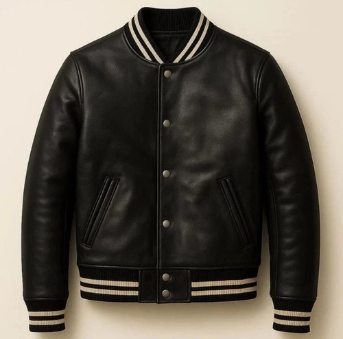 Men black leather - leather, varsity