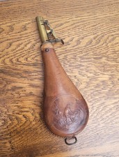 Antique  Leather & Brass Shot Powder Flask Embossed Hunting Scene